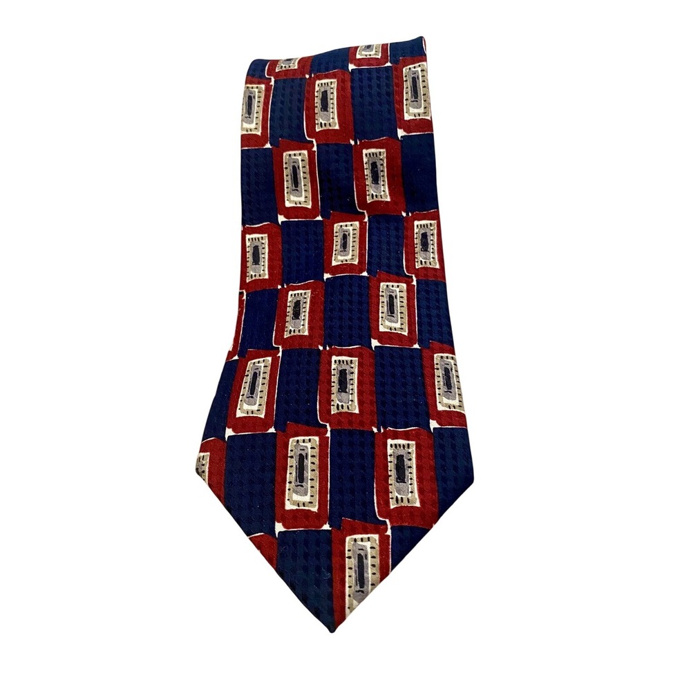Roundtree & Yorke Tie Blue Red Geometric Necktie Hand Sewn in USA